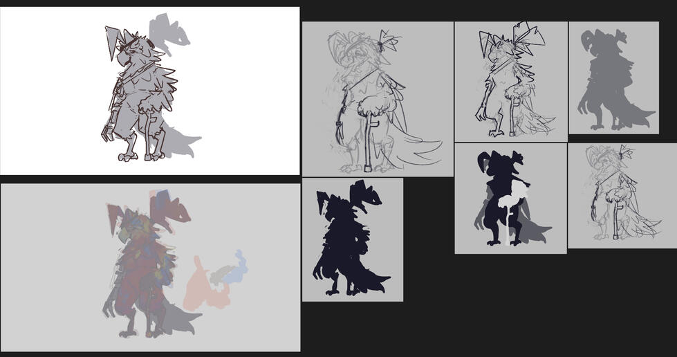 Shape study and initial sketches for a concept art commission.